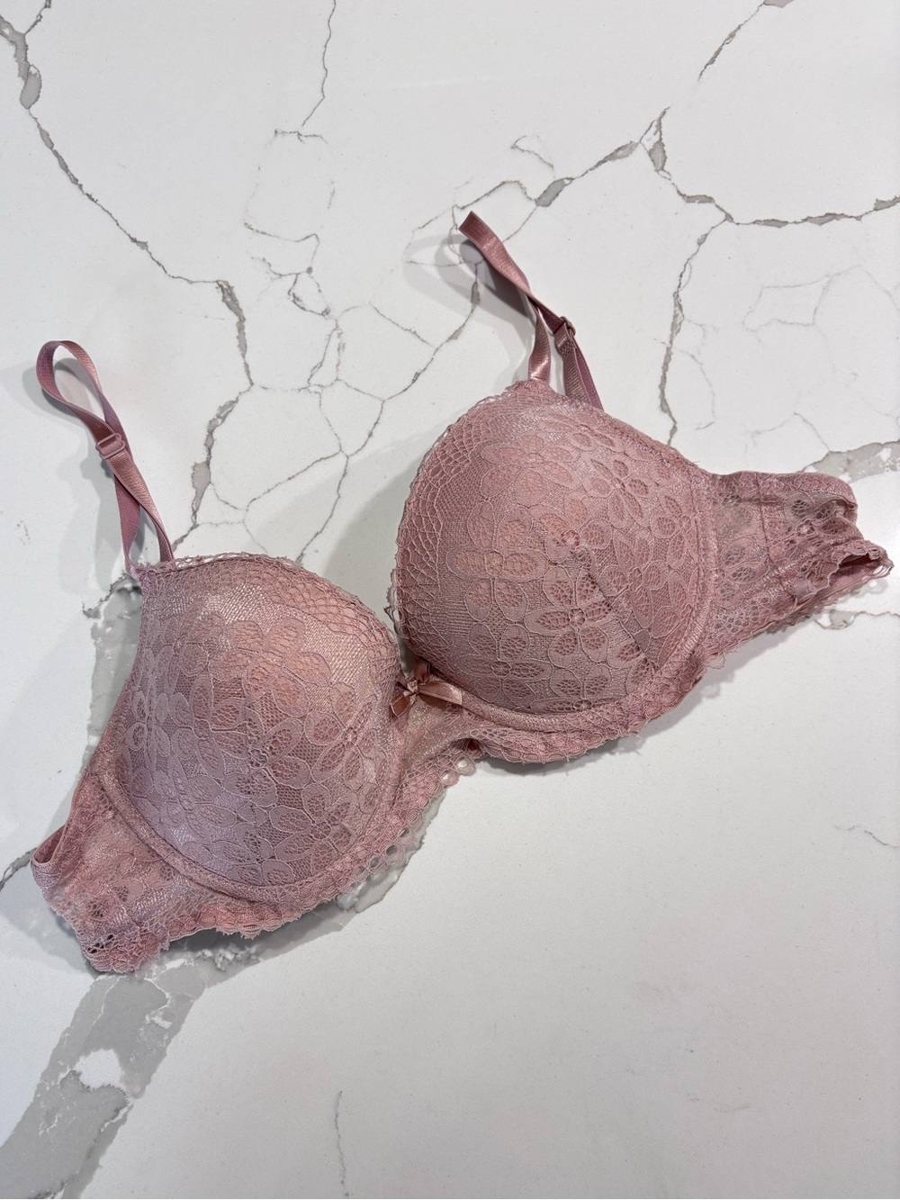 Laura Ashley Dusty Rose Pink Underwire Lace Push-Up Bra 36C Adjustable Strap